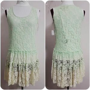 FREE PEOPLE lace floral mint green cream dress S